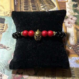Men's Red and Black Beaded Bracelet with Gold Accent